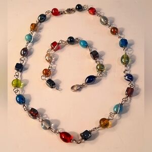 Multicolorsterling Silver Murano Beaded Necklace and Bracelet Set
